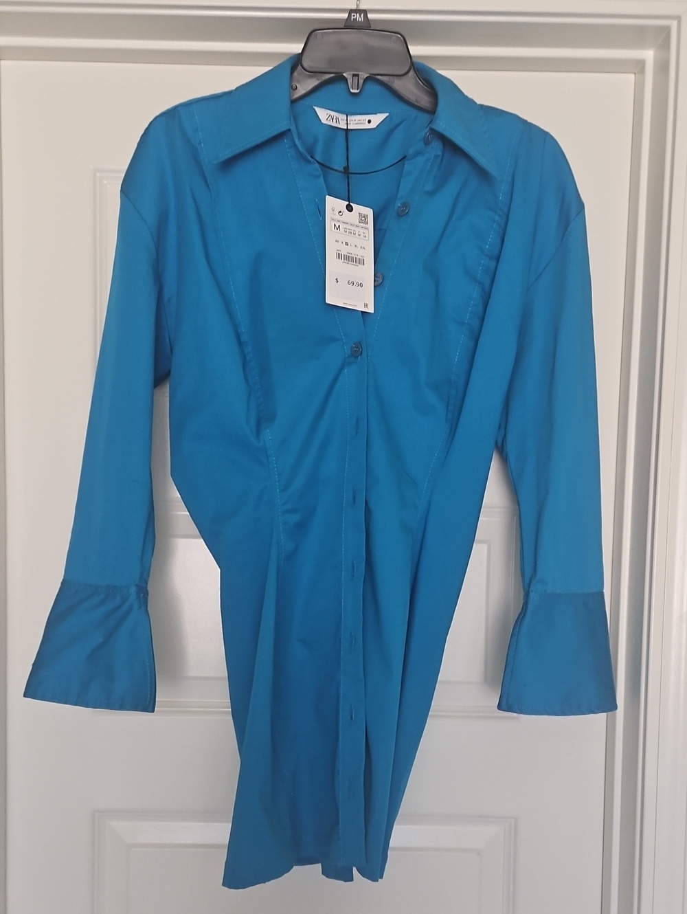 Zara Teal Button-Up Dress Shirt with Flared Cuffs